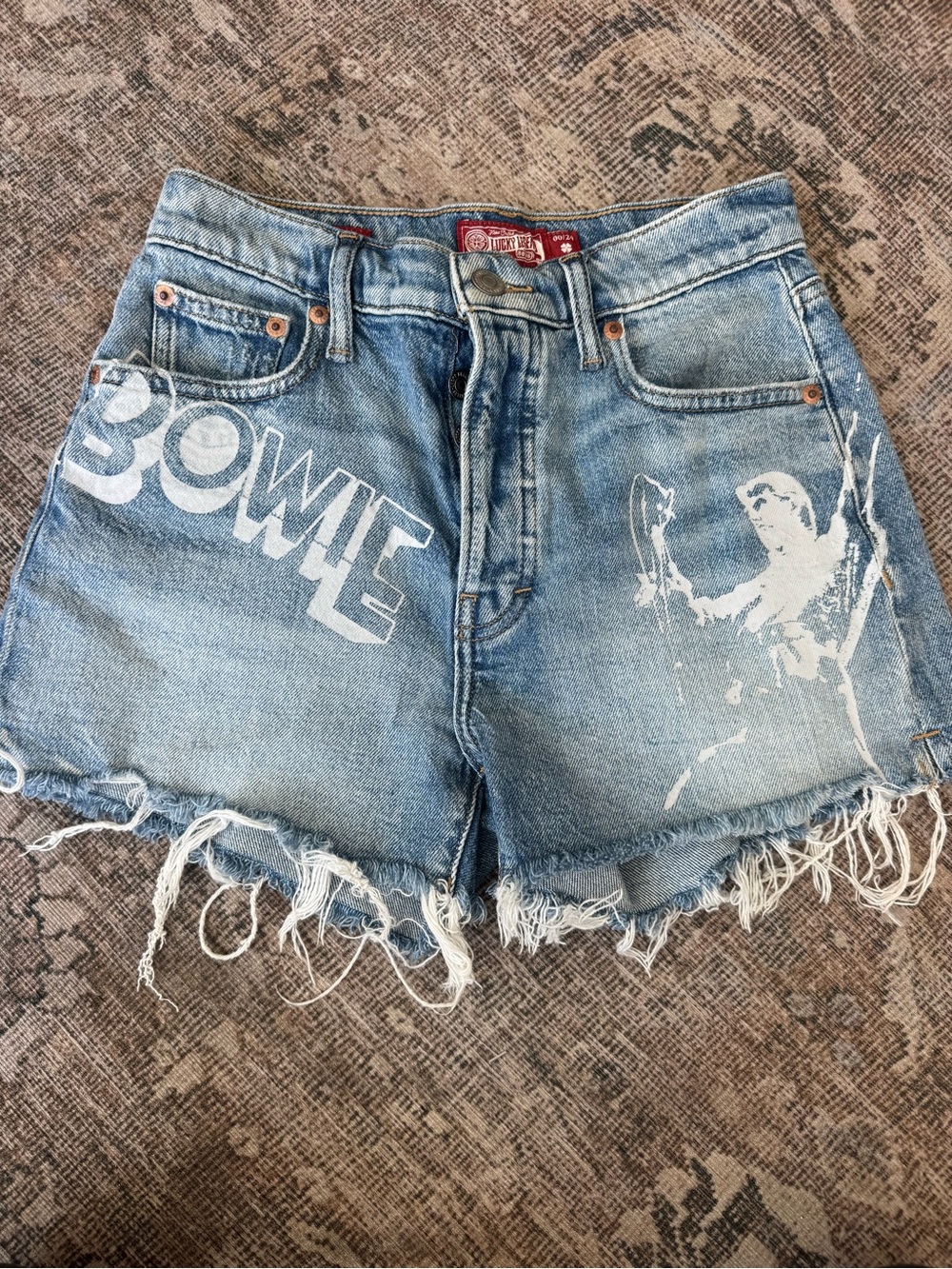 Lucky Brand Faded Blue Bowie Graphic Denim Cutoff Shorts